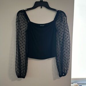 Black polka dot mesh sleeve crop top